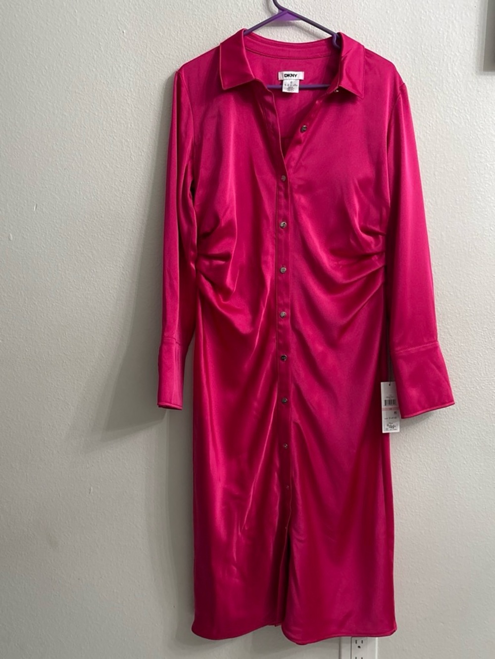 DKNY Hot Pink Long Sleeve Midi Shirt Dress